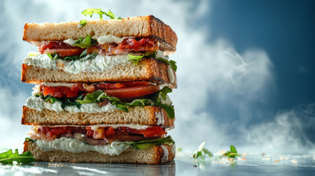 A tempting sandwich stacked high with fresh greens, tomato, and cheese against a smoky backdrop, perfect for showcasing culinary creativity and freshness.の素材
