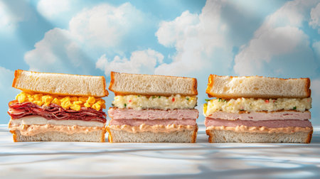 A vibrant arrangement of layered sandwiches showcases an array of ingredients against a bright sky backdrop. Perfect for food enthusiasts and culinary creativity.の素材