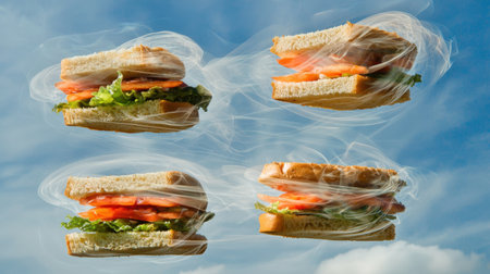 A whimsical representation of floating sandwiches featuring fresh lettuce and tomato against a blue sky, creating a vibrant and appetizing food scene.の素材