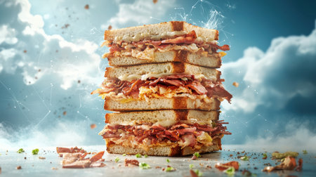 A towering stack of delicious sandwiches filled with bacon and meats, set against a dramatic sky backdrop. Perfect for culinary enthusiasts and food lovers.の素材