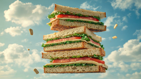 A visually stunning image of a floating sandwich stack against a bright blue sky. This appetizing arrangement features layers of fresh ingredients, ideal for food lovers.の素材