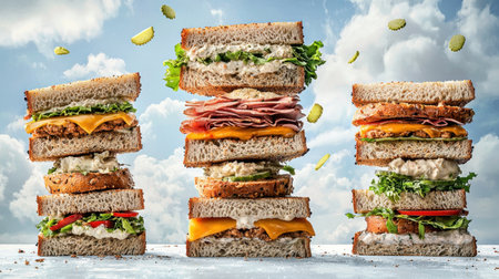 A visually stunning arrangement of stacked sandwiches featuring a variety of fresh ingredients, perfect for food photography, advertising, or culinary inspiration.の素材