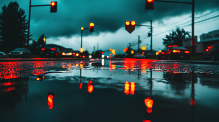 A captivating urban street scene at dusk featuring wet asphalt and puddles. Red and yellow traffic lights create a vibrant reflection on the ground amidst stormy clouds.の素材