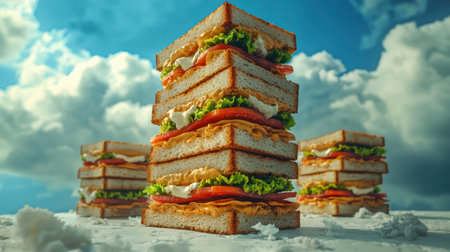A stunning arrangement of freshly made sandwiches stacked high, showcasing vibrant vegetables and creamy sauces under a bright blue sky. Perfect for appetizing visuals.の素材