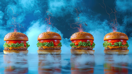 A vibrant and enticing burger image featuring electric energy and mist effects, perfect for showcasing fast food culinary art in a creative manner.の素材