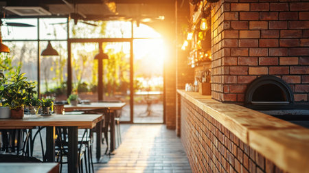 A cozy modern restaurant interior featuring natural light shining through large windows. The space combines brick and wood decor with greenery, creating an inviting atmosphere for diners.の素材