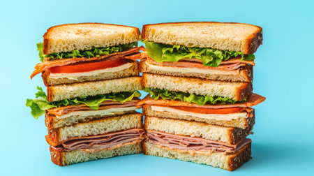 A visually appealing arrangement of stacked sandwiches featuring fresh lettuce, tomato, and assorted meats on a bright blue background, perfect for food photography.の素材