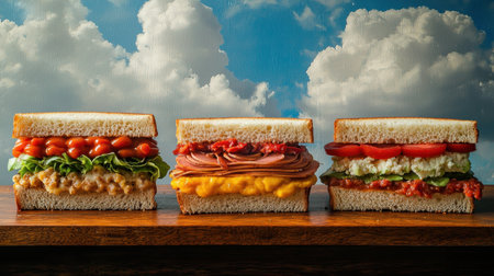 A vibrant display of three colorful sandwiches showcasing fresh ingredients, perfect for lunch or a snack, against a picturesque blue sky background.の素材