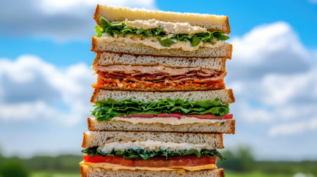 A vibrant and colorful sandwich stacked high with fresh ingredients outdoors, showcasing layers of lettuce, tomatoes, cheese, and meats, perfect for any meal.の素材