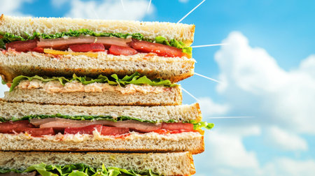 A mouth-watering layered sandwich filled with fresh lettuce, juicy tomato, and savory ingredients against a bright blue sky, perfect for any meal or snack.の素材