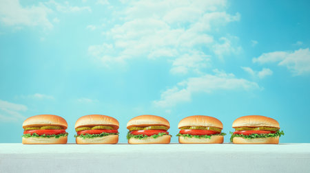 A vibrant display of fresh burgers arranged aesthetically against a bright blue sky, showcasing layers of lettuce and tomato for a delicious appeal.の素材