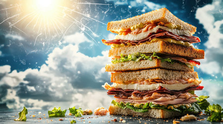 A towering sandwich showcases fresh ingredients like layers of lettuce, tomato, and various meats under a bright, sunny sky, perfect for meal inspiration.の素材