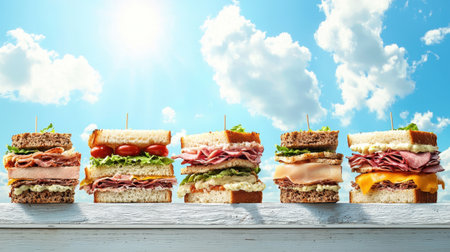 A vibrant display of various sandwiches showcases layers of fresh ingredients, perfect for summer picnics. Ideal for food enthusiasts and culinary projects.の素材