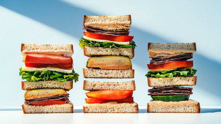 This image showcases an artistic arrangement of layered sandwiches, highlighting fresh vegetables and bread against a soft blue backdrop. Perfect for food-related projects.の素材