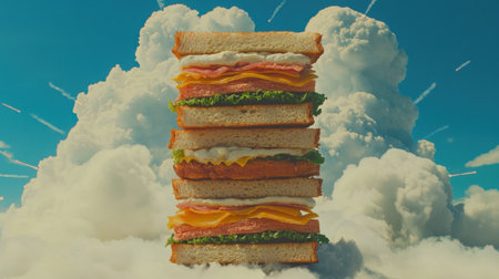 A towering stack of colorful sandwiches rises majestically against a backdrop of fluffy clouds. This whimsical composition showcases fresh ingredients and bold flavors.の素材
