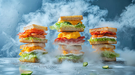 Colorful sandwiches filled with fresh vegetables and cheese are stacked high, surrounded by a dramatic smoke effect, showcasing culinary creativity and flavor.の素材
