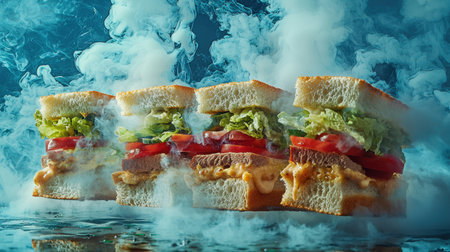 Three gourmet sandwiches stacked elegantly, filled with fresh ingredients, enveloped in mystical smoke, creating an artistic and appetizing visual experience.の素材