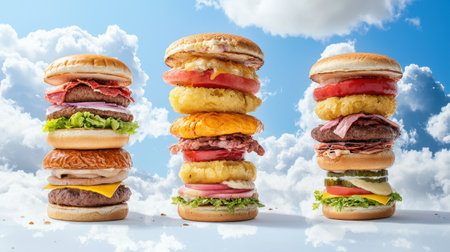This vibrant image showcases three tall burgers stacked high with fresh ingredients against a scenic cloudy sky, perfect for celebrating culinary creativity.の素材