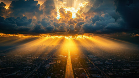A stunning sunset view over a city skyline, showcasing dramatic clouds and radiant light beams. The scene captures the beauty of nature and urban life.の素材