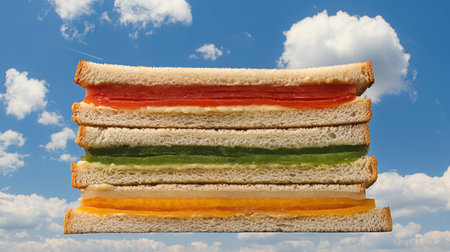 A visually striking sandwich featuring vibrant jelly layers against a bright blue sky. This cheerful food image captures the essence of fun and creativity in culinary art.の素材