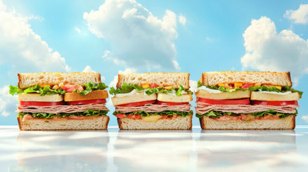 A vibrant display of three colorful sandwiches layered with fresh ingredients. Ideal for food enthusiasts or culinary showcases focused on healthy meals.の素材