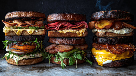 A striking visual of gourmet sandwiches stacked high, featuring a variety of meats, cheeses, and fresh vegetables. Perfect for food lovers and culinary inspiration.の素材