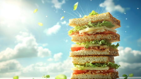 A vibrant vegetable sandwich stacked high with fresh ingredients, including lettuce and tomato, against a bright blue sky. Perfect for healthy eating and outdoor picnics.の素材