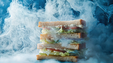 This striking image showcases a layered sandwich filled with fresh lettuce and tomato, enveloped in ethereal smoke. Perfect for food enthusiasts!の素材