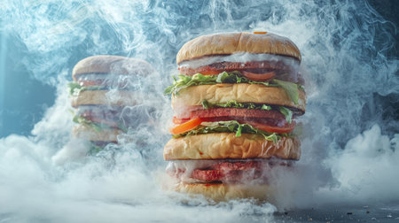 A stunning visual of towering stacked burgers amidst wispy smoke, highlighting fresh ingredients like lettuce and tomato, perfect for food enthusiasts.の素材
