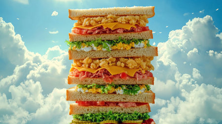 A stunning visual of a tall stack of sandwiches featuring vibrant layers, showcasing various ingredients against a backdrop of fluffy clouds and bright blue sky. Perfect for food-related themes.の素材