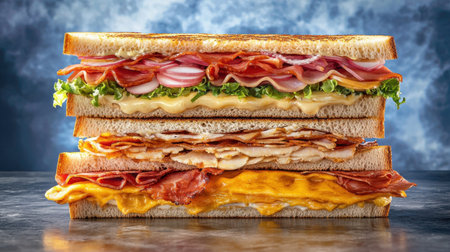 Dive into this vibrant stack of gourmet sandwiches featuring layers of fresh ingredients, savory meats, and rich cheeses, perfect for any meal or occasion.の素材