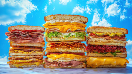 A visually striking display of colorful stacked sandwiches featuring various fillings, set against a bright blue sky, ideal for showcasing culinary delights and meal options.の素材