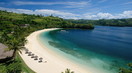 Discover a breathtaking tropical beach featuring pristine sand, clear blue waters, and lush greenery, perfect for relaxation and vacation adventures.の素材