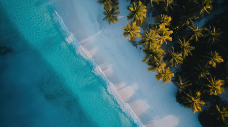 Stunning aerial view of a tropical beach featuring turquoise waters, gentle waves, and dense palm trees. A perfect escape for relaxation and vacation.の素材