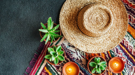 A charming arrangement featuring succulents in pots, a straw hat, and candles on a vibrant textile backdrop, creating a warm and inviting atmosphere perfect for cozy interiors.の素材