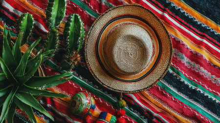 A vibrant flat lay featuring a colorful Mexican straw hat, lush cacti, and a decorative textile background, perfect for showcasing cultural heritage and nature.の素材