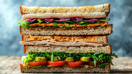A vibrant display of layered sandwiches with fresh vegetables and meats, showcasing a delicious meal option perfect for gatherings or picnics. Enjoy the flavors!の素材