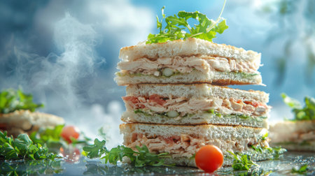 Experience a delicious layered sandwich featuring tender chicken and fresh greens, perfect for a fulfilling lunch or snack. Ideal for any occasion.の素材