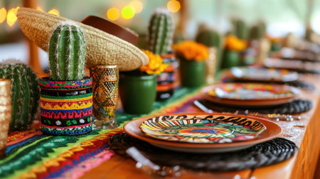 This vibrant outdoor table setting features colorful decorative plates, cacti, and flowers, creating a cheerful ambiance for gatherings and celebrations.の素材