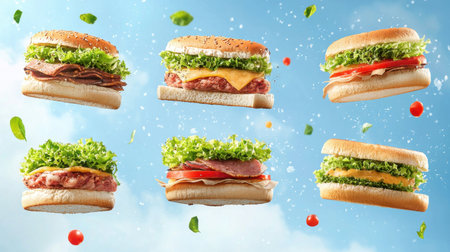 A vibrant display of fresh burgers suspended midair, showcasing colorful ingredients like lettuce, tomatoes, and cheese, perfect for enticing food lovers.の素材