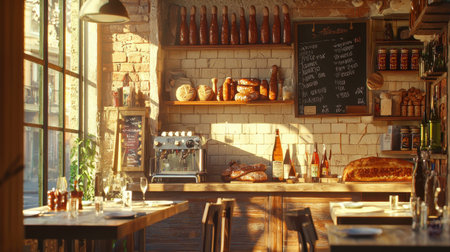 A cozy rustic bakery interior featuring a wooden counter, freshly baked bread, and warm sunlight pouring through large windows, creating an inviting atmosphere for patrons.の素材