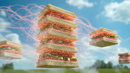 A whimsical depiction of floating sandwiches surrounded by electric sparks set against a vibrant blue sky, perfect for creative and playful contexts.の素材