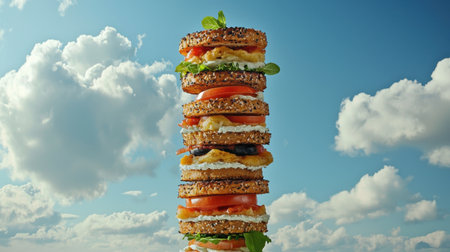 This vibrant image features a towering gourmet sandwich stacked high with fresh ingredients against a picturesque sky, highlighting a delicious meal choice.の素材