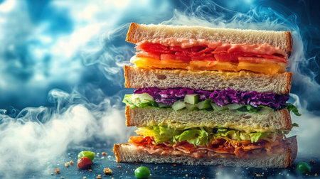 A vibrant layered sandwich featuring fresh vegetables and smoky effects. Ideal for food lovers, chefs, and culinary enthusiasts looking to showcase delicious meals.の素材