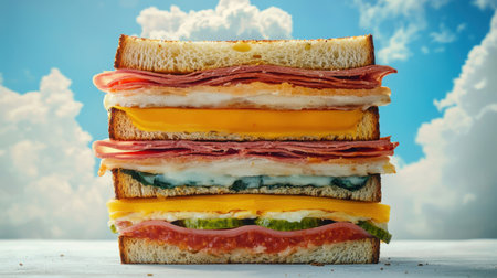 A visually appealing sandwich stacked high with layers of meat, cheese, and fresh ingredients. Perfect for meals or snacks, this image showcases delicious layers.の素材