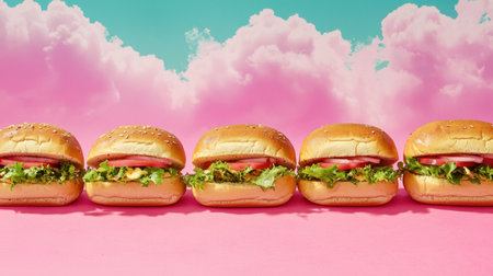 A vibrant display of colorful burgers lined up against a whimsical background, showcasing layers of fresh lettuce, tomato, and soft buns, perfect for food enthusiasts.の素材