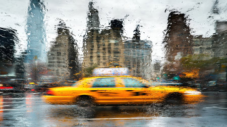 A vibrant yellow taxi cab navigates through rain-soaked city streets, capturing the dynamic movement and urban atmosphere on a gloomy day.の素材