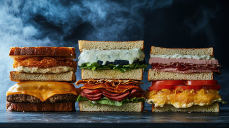 An enticing arrangement of gourmet sandwiches displays layers of fresh meats, cheeses, and vegetables, evoking a delicious appeal perfect for any meal or occasion.の素材