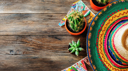 A vibrant sombrero rests next to various potted cacti on a rustic wooden table, creating a lively and festive atmosphere perfect for summer celebrations.の素材