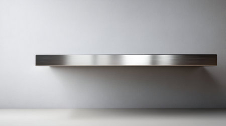 A sleek metal shelf is showcased against a plain wall, perfect for minimalist interior design. Ideal for photography, home decor, and modern aesthetics.の素材